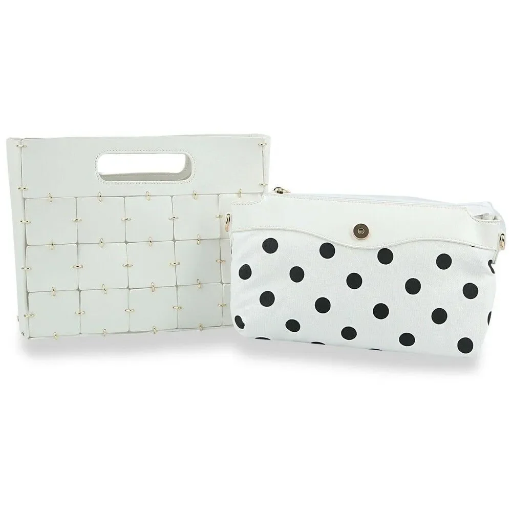 Women White Two Piece Patchwork Hand Tote Set Carry All Handbags